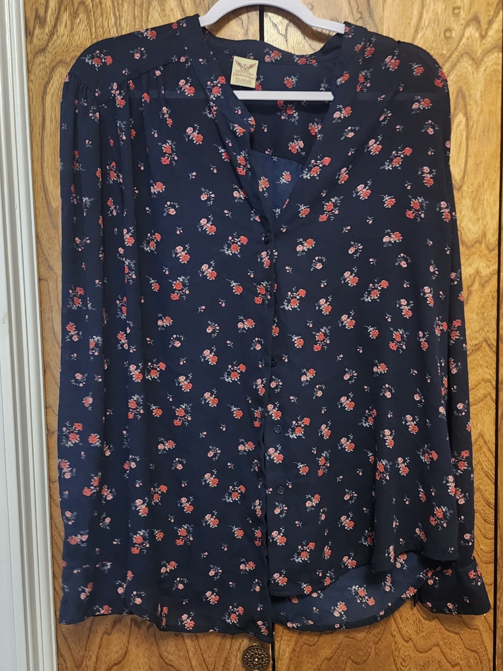 Women's Navy Floral Button-Front Blouse - Navy with Red Floral Print